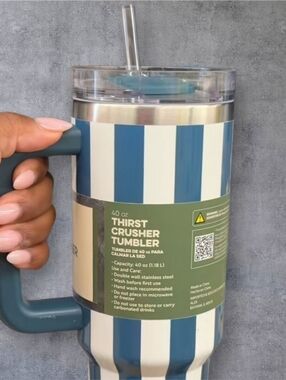 Aldi Adventuridge Tumbler Handle Lid Straw 40oz Dark Teal Stripes BPA Free Drink